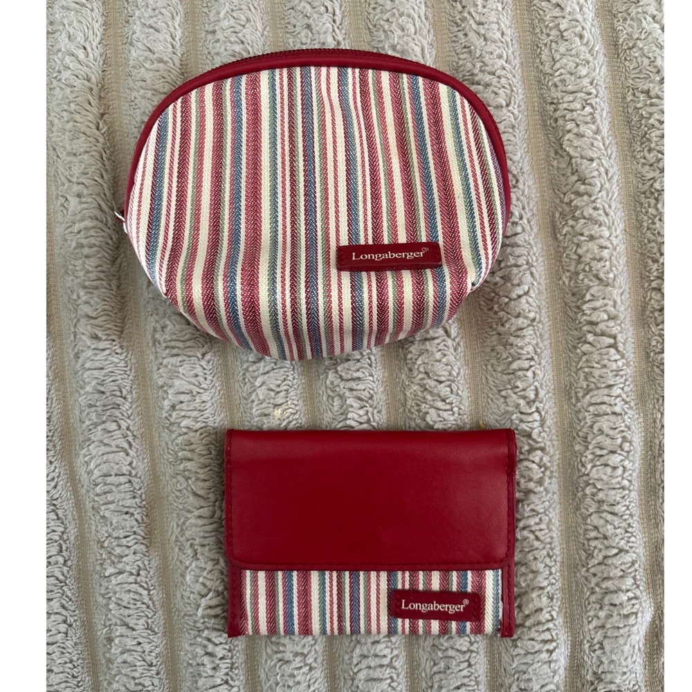 Longaberger Homestead Striped Cosmetic Bag and Card Wallet Set Red Blue White